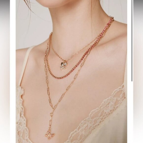 NWT Urban Outfitters Rhinestone Butterfly Gold Layered Y2K Necklace - Picture 7 of 7